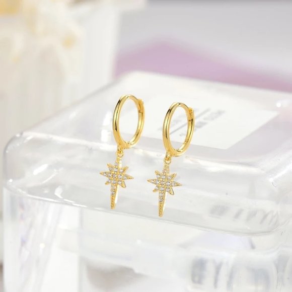 14k Gold Star Diamonds Huggie Hoop Earrings Sterling Silver - Picture 4 of 9